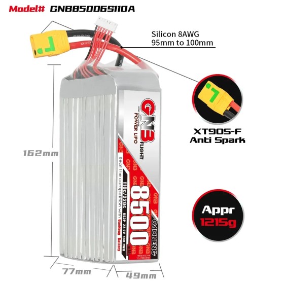 Hot Sales GNB 6S 8500MAH 22.2V 110C 220C XT90S RC Battery for Racing Drones for Adventures